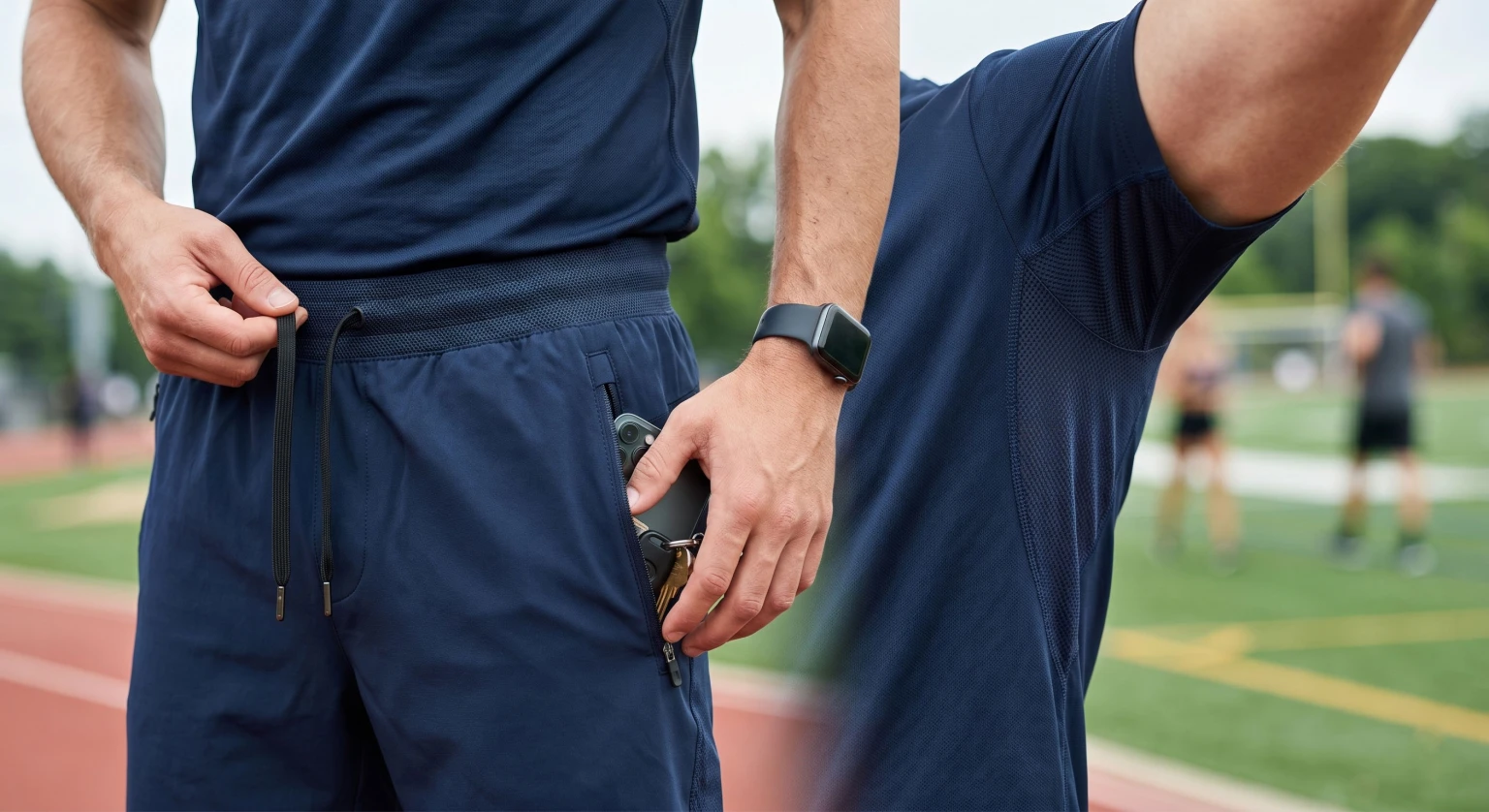 Temno-synii litnii sportyvnyi kostium cholovichyi iz dykhaiuchoi sitchastoi tkanyny