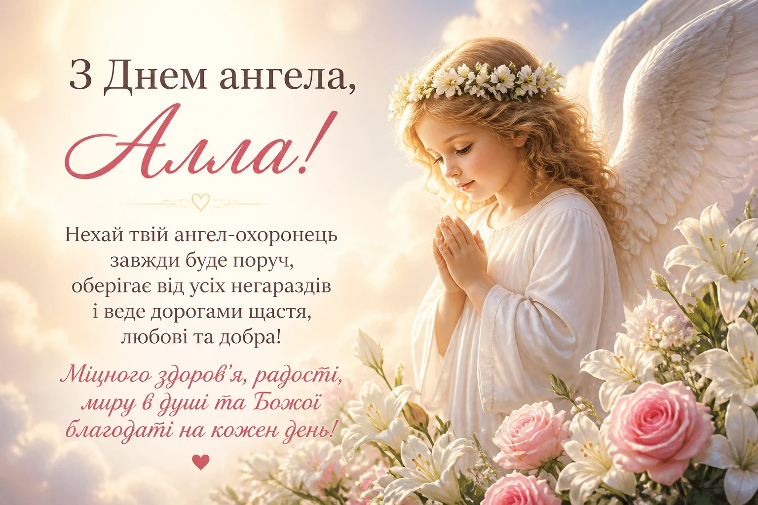 Красиві привітання для Алли з днем ангела з побажаннями миру та щастя Привітання з днем ангела для Алли